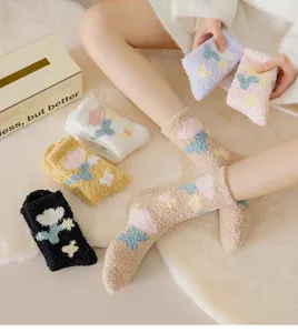 Winter coral fleece socks with cute tulip pattern, cozy soft sleep crew socks for women.