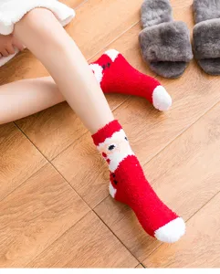 Christmas fuzzy coral fleece socks for women, thick warm winter sleep socks with cute Santa.