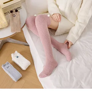 Cozy fuzzy over knee winter socks with cute animal ears soft warm coral fleece stockings