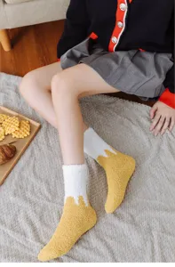 Cozy winter coral fleece thick socks for women, soft warm color block home sleeping socks.