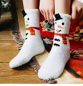 Women winter thick coral fleece warm socks, cute snowman design, soft cozy floor socks.