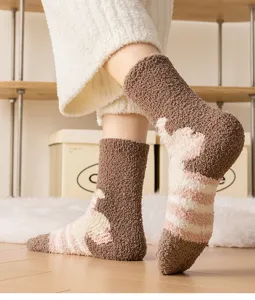 Cozy thick plush coral fleece winter sleep socks with cute stripe design for home warmth.
