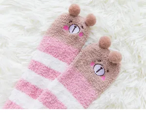 Fluffy coral fleece sleep socks for women cute bear design thick warm winter striped socks