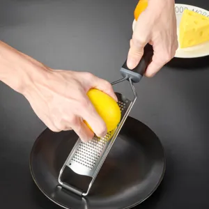 Vista dettagliata della grattugia per formaggio in acciaio inossidabile e zester per limoni affilati.