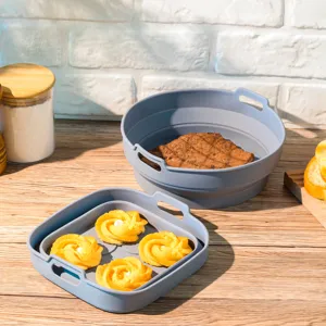 Collapsible silicone air fryer basket, heat resistant baking liner for daily kitchen cooking.