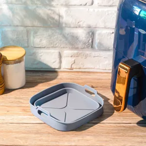 Foldable square silicone air fryer liner heat-resistant baking tray with dual handles grey