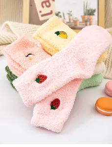 Fluffy coral fleece winter socks with cute fruit embroidery, cozy thickened sleep socks for home.