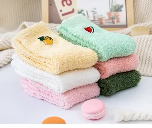 Winter thick coral fleece sleep socks with cute fruit embroidery, cozy warm home socks.