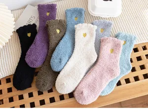 Cozy winter coral fleece fuzzy socks for women, thick warm sleeping socks with cute embroidery.