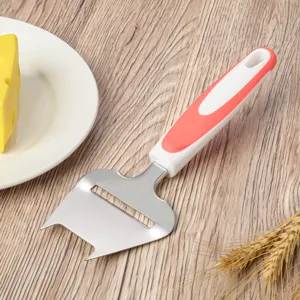 Dettaglio affettatrice per formaggio in acciaio inossidabile con lama affilata e manico rosa.