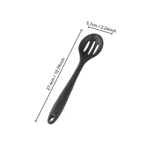 Cuillère de cuisson ajourée en silicone noir avec des dimensions claires pour cuisine.