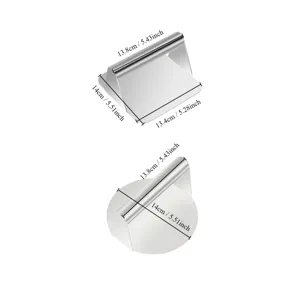 Stainless steel manual hamburger press meat tool with dimension details for kitchen baking use.