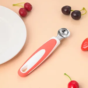 Stainless steel fruit melon baller spoon detail shot with pink white handle for kitchen food use.