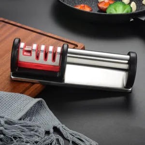 Detail shot of the 4-stage manual knife sharpener, durable stainless steel kitchen tool.