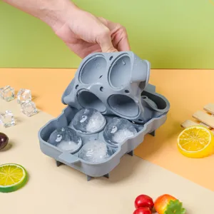 Silicone ice ball mold with lid, 4-grid round ice cube maker tray for home kitchen use.