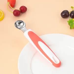 Stainless steel fruit melon baller with ergonomic plastic handle for kitchen cooking tools.