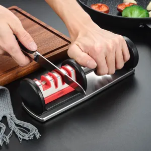 Multi-functional rolling knife sharpener with stainless steel design for kitchen use.