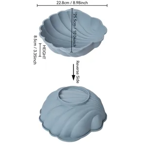 Détail du moule à gâteau en silicone coquillage avec dimensions claires et dos.