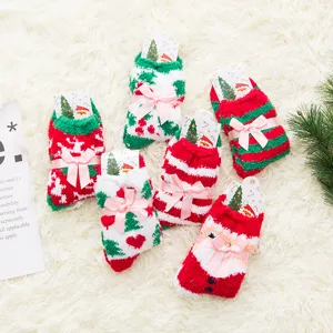 Cozy Christmas coral fleece socks, thick fluffy winter sleep socks with cute pink bows.