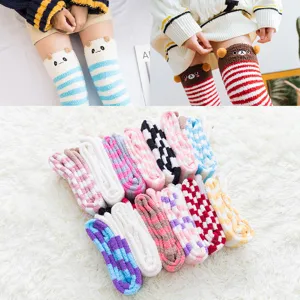 Women Winter Thickened Coral Fleece Sleep Socks Cute Cartoon Striped Over The Calf Warm Home Floor Socks