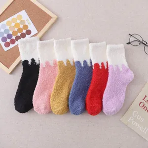 Women Winter Thickened Coral Fleece Sleep Socks Spliced Color Warm Home Floor Socks Soft Cozy Thermal Sleeping Socks