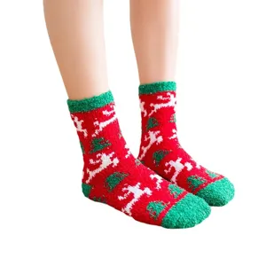 Winter warm coral fleece Christmas socks with cute reindeer and tree patterns for cozy home wear.