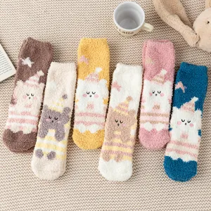 Cozy thick coral fleece winter sleep socks with cute cartoon design, warm fuzzy home socks.