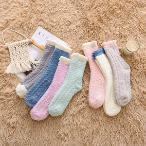 Women winter thick warm coral fleece mid-calf socks solid color cozy sleep snow socks