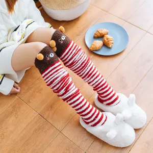 Cozy coral fleece winter over-the-knee socks with cute 3D bear design, warm sleeping socks.