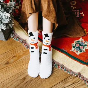 Cute Christmas snowman fuzzy socks for women, thick coral fleece winter warm sleep floor socks.
