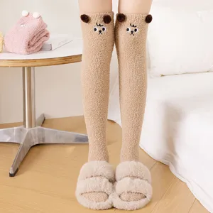 Winter coral fleece over-the-knee socks with cute 3D bear ears and embroidery for women.
