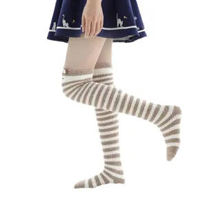 Winter thick coral fleece striped over-the-knee long socks for women cozy sleep wear home.