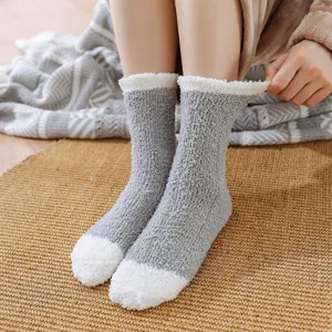 Women cozy fuzzy winter sleep socks thick warm coral fleece mid-calf solid color home