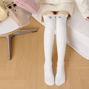 Plush over-the-knee socks with cute bear embroidery, winter warm fuzzy sleep stockings.