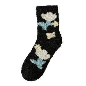 Winter warm coral fleece mid-tube socks with cute floral pattern, cozy sleep socks.