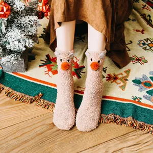 Women thick coral fleece mid-tube socks winter warm cute deer design fuzzy floor socks