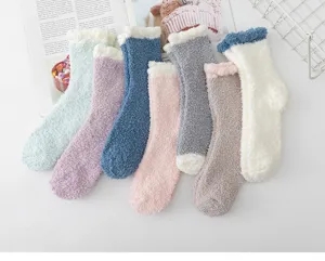 Thickened coral fleece fuzzy socks for women winter warm solid color sleep home mid-tube socks detail