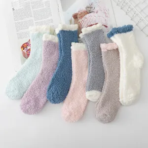 Winter Thickened Coral Fleece Sleep Socks For Women Solid Color Mid Tube Warm Home Thermal Socks