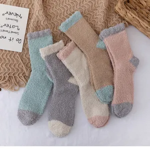 Winter thick coral fleece mid-tube socks, cozy patchwork warm sleep socks for women.