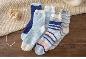 Thick coral fleece fuzzy cozy winter socks for women girls, soft warm sleep crew socks blue.