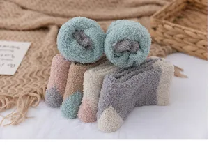 Cozy winter fleece socks detail, thick plush warm thermal sleep socks with color block.