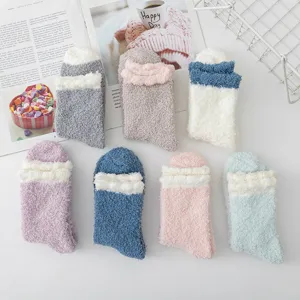 Cozy thick fuzzy coral fleece winter socks, warm mid-calf home sleep socks for women.