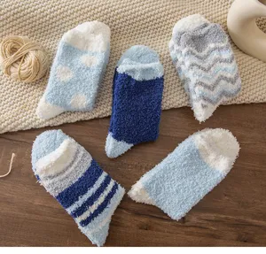 Coral fleece fuzzy winter socks thick warm mid tube cozy home sleep socks in blue color