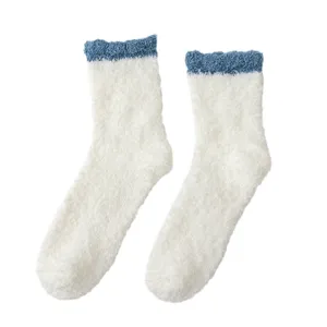 Winter plush coral fleece crew socks, thick warm home socks in white with blue trim pair.