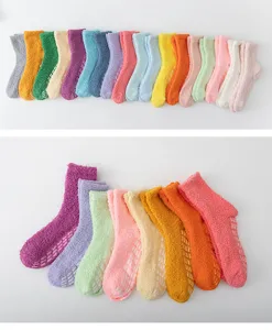 Winter thick coral fleece fuzzy socks with grip non-slip soles, cozy home sleep socks details.
