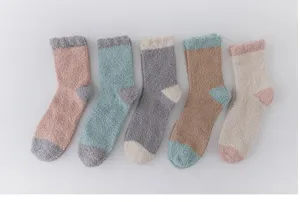 Winter plush fuzzy warm socks, cozy thick coral fleece sleep socks with color blocking.