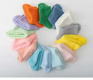 Winter thick coral fleece socks with grip bottom, solid color mid-tube home sleeping socks.
