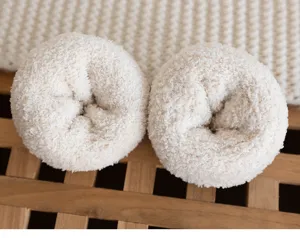 Cozy fleece thermal roll socks detail, thick soft winter plush floor socks in cream white color.