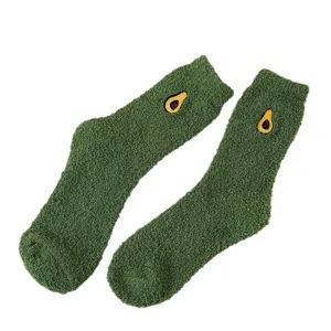 Warm thick coral fleece fuzzy socks with cute avocado embroidery, cozy winter green sleep socks for home.