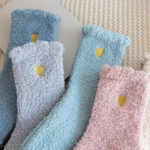 Cozy winter coral fleece women mid-calf socks thick warm sleep socks with sweet heart embroidery